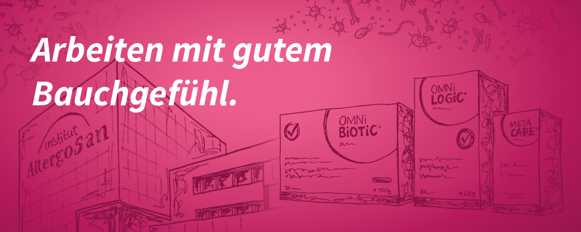 Arbeiten mit gutem Bauchgefühl; Logo von OMNi-BiOTiC und dem Institut AllergoSan; Foto Außenansicht Institut AllergoSan