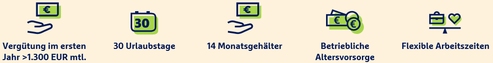 Grafische Symbole zu flexible Arbeitszeiten, 30 Urlaubstage, 14 Monatsgehälter, Betriebliche Altersvorsorge, Vergütung