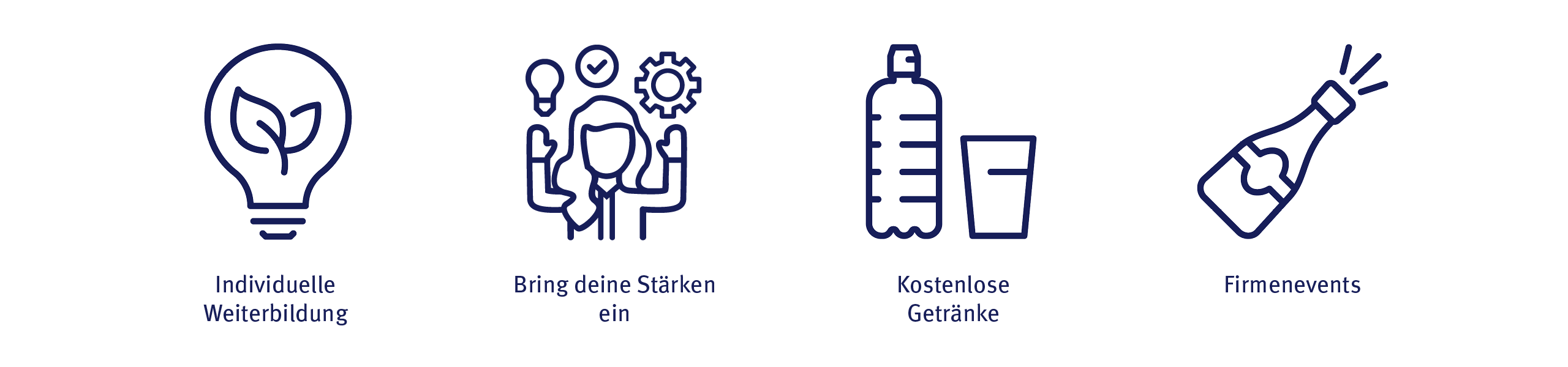 Individuelle Weiterbildung, Bring deine Stärken ein, Kostenlose Getränke, Firmenevents